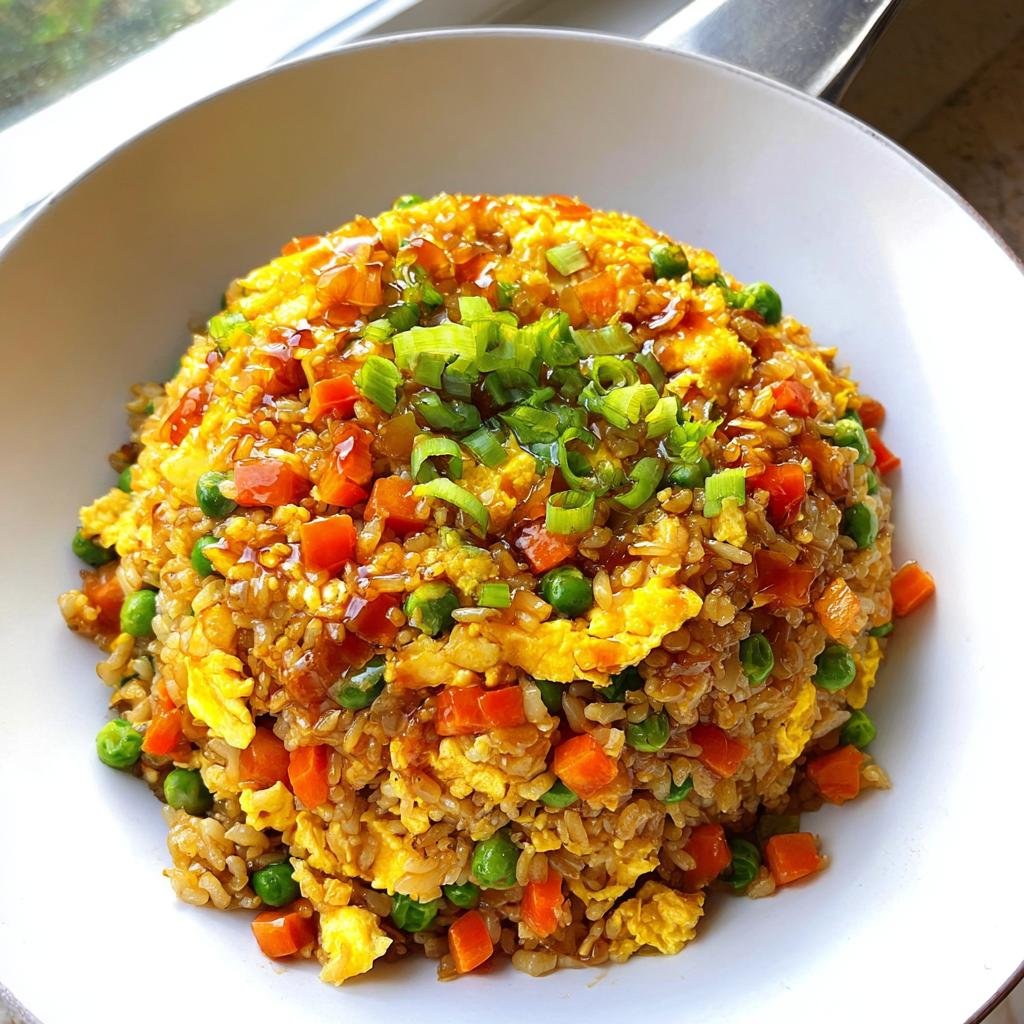 A mound of vibrant Everyday Veggie Fried Rice with peas, carrots, and scrambled egg, topped with scallions.