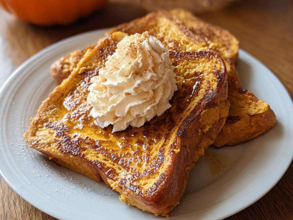 Two slices of golden Fall Pumpkin French Toast topped with whipped cream and cinnamon.