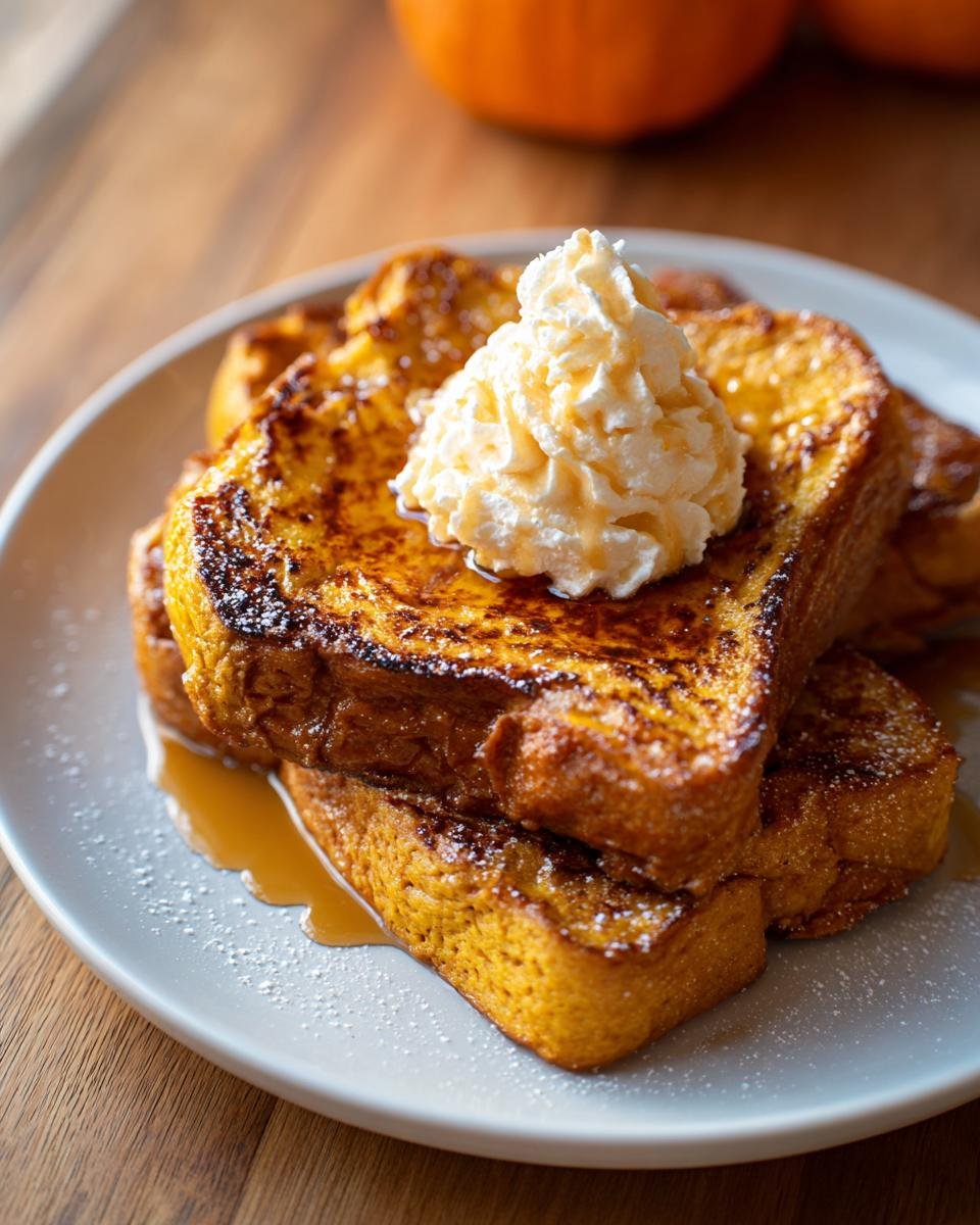 A stack of golden Fall Pumpkin French Toast topped with whipped cream and syrup on a light plate.