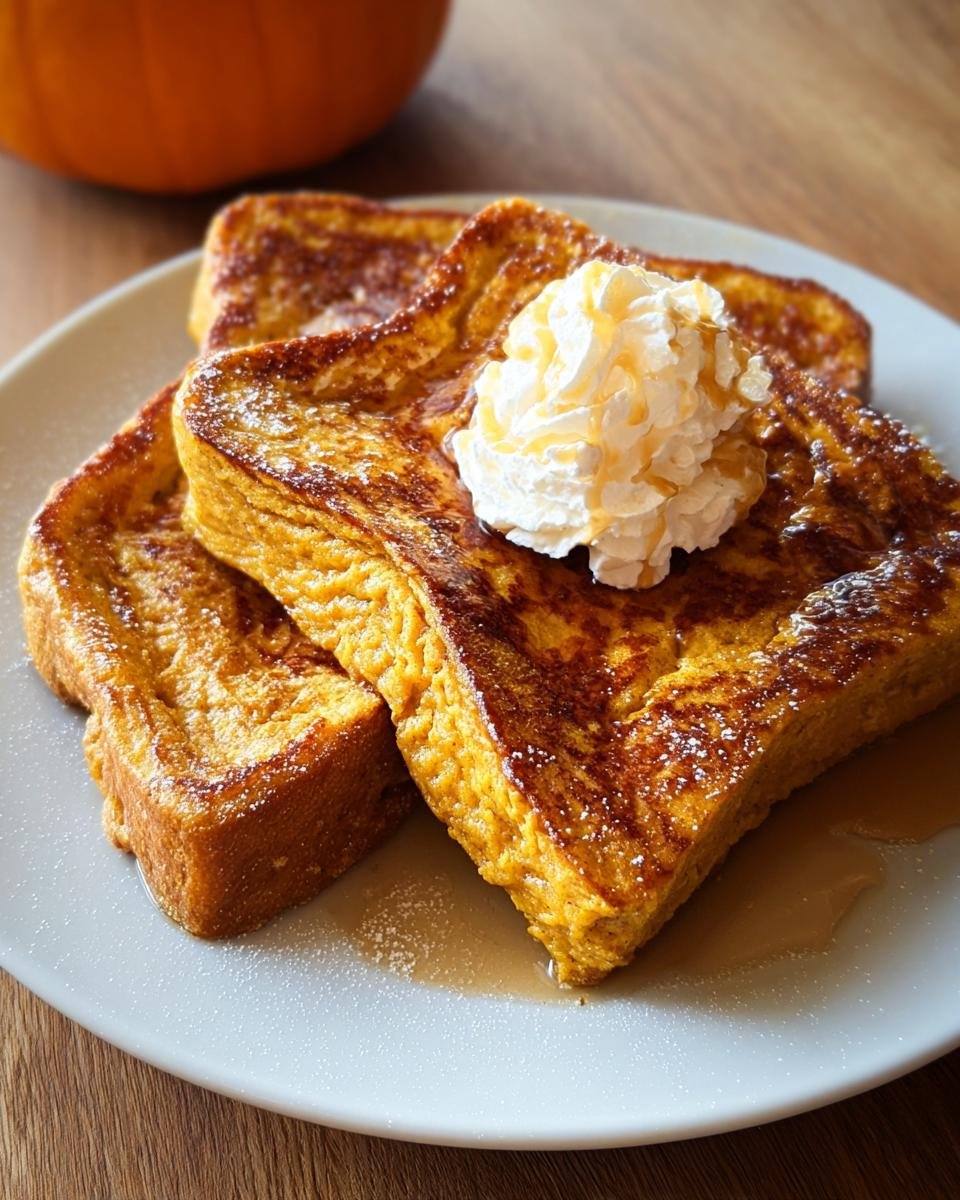 Close-up of three slices of golden Fall Pumpkin French Toast topped with whipped cream and syrup.