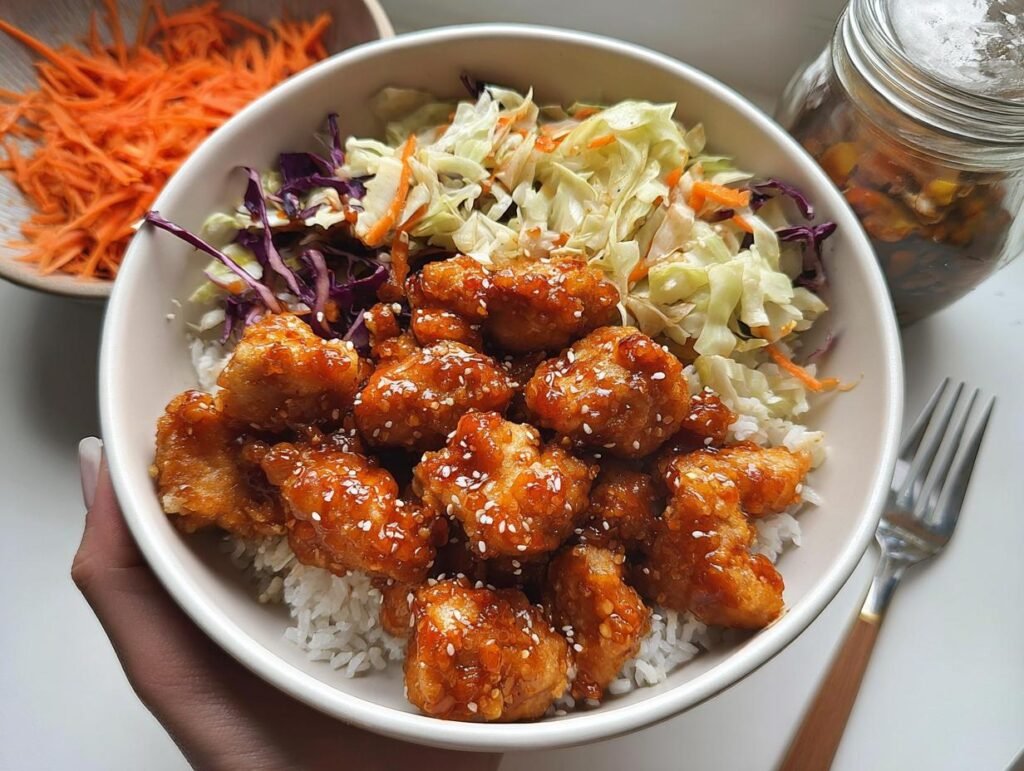 A close-up of a Bang Bang Chicken Bowl featuring crispy chicken pieces coated in sauce and sesame seeds over rice and slaw.