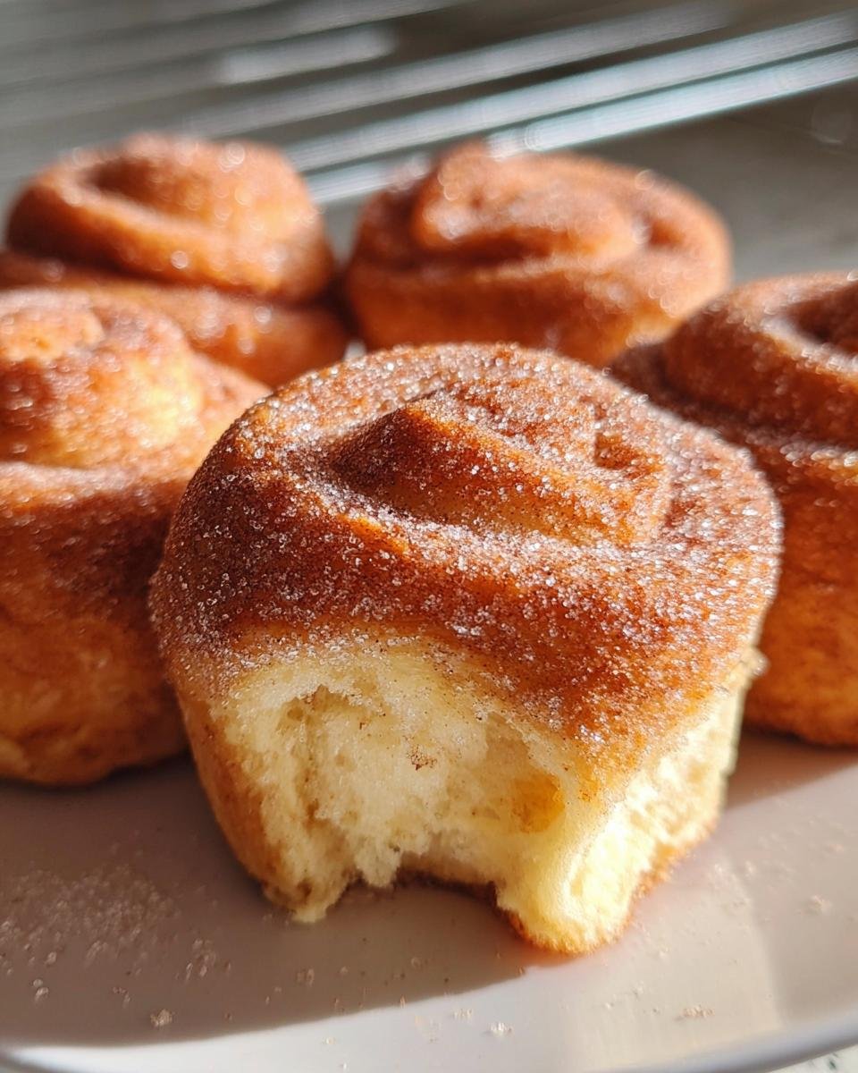 Close-up of warm, fluffy Breakfast Rolls coated in cinnamon sugar, one roll has a bite taken out.