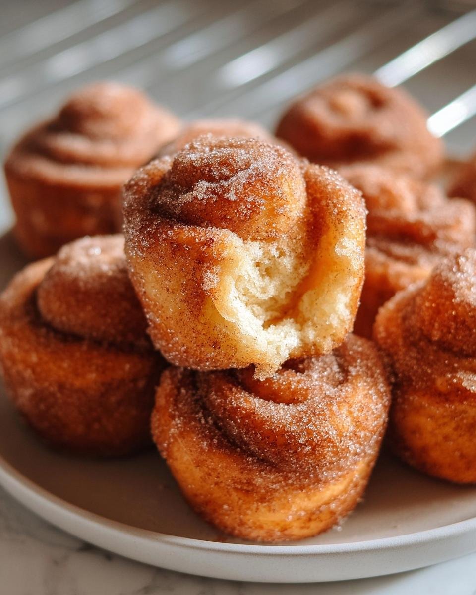 Close-up of warm, fluffy Breakfast Rolls stacked on a plate, heavily coated in cinnamon sugar.