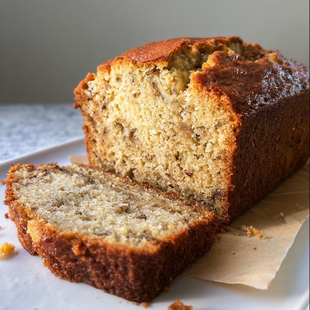 A loaf of golden-brown, moist banana bread with one thick slice cut and resting against the main loaf.