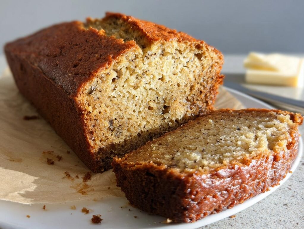 Close-up of a moist, golden-brown banana bread loaf with one slice cut, showing the crumb texture.