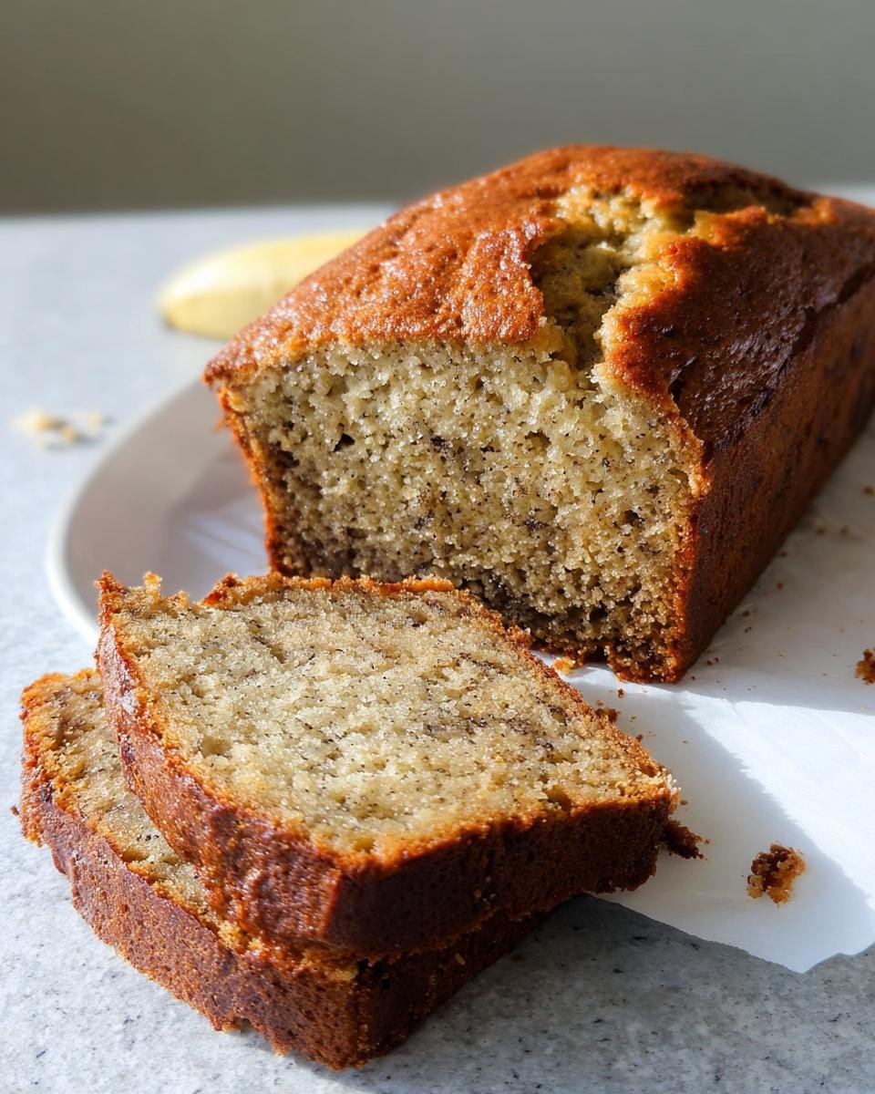 Close-up of a loaf of moist banana bread with two slices cut, showing the speckled interior texture.