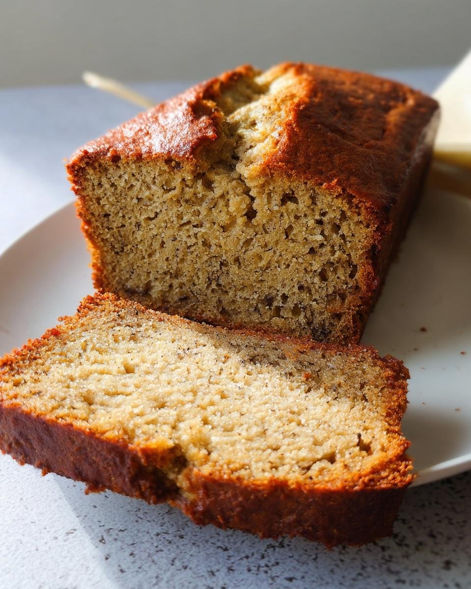 A close-up of a moist, golden-brown banana bread loaf with one slice cut and resting in front.