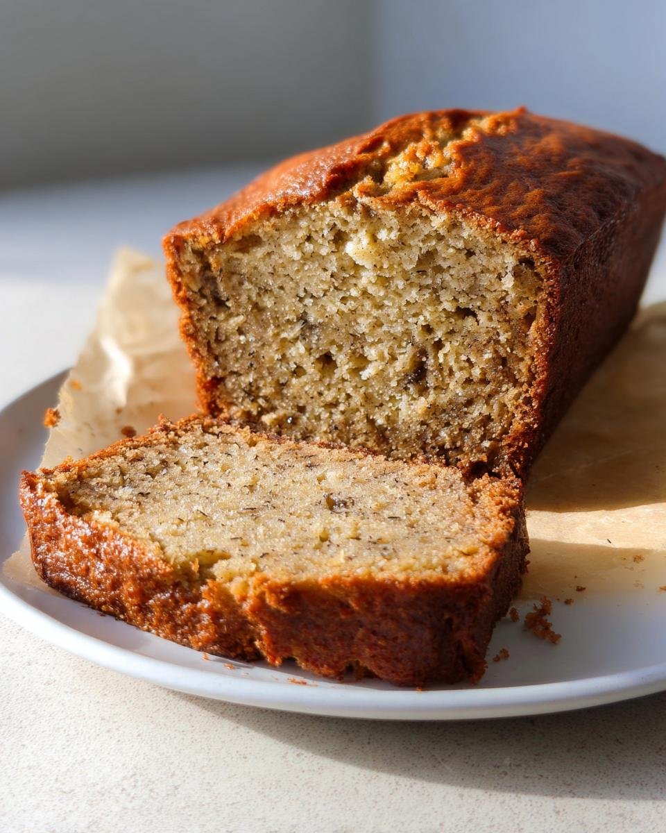 A loaf of moist, golden-brown banana bread with one thick slice cut and resting beside it.