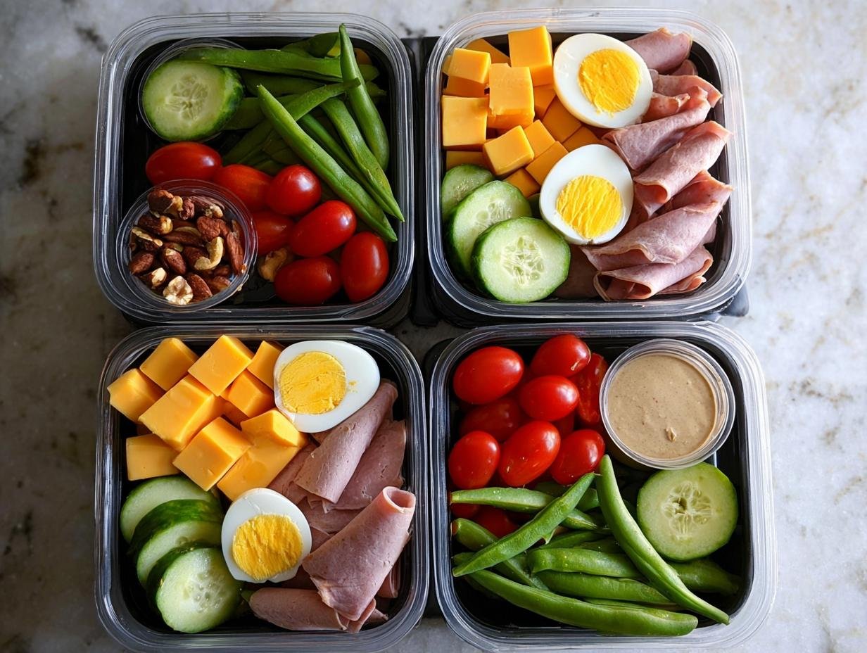 Four clear containers showing components for a Quick High-Protein Lunch Box, including eggs, cheese, deli meat, vegetables, and nuts.