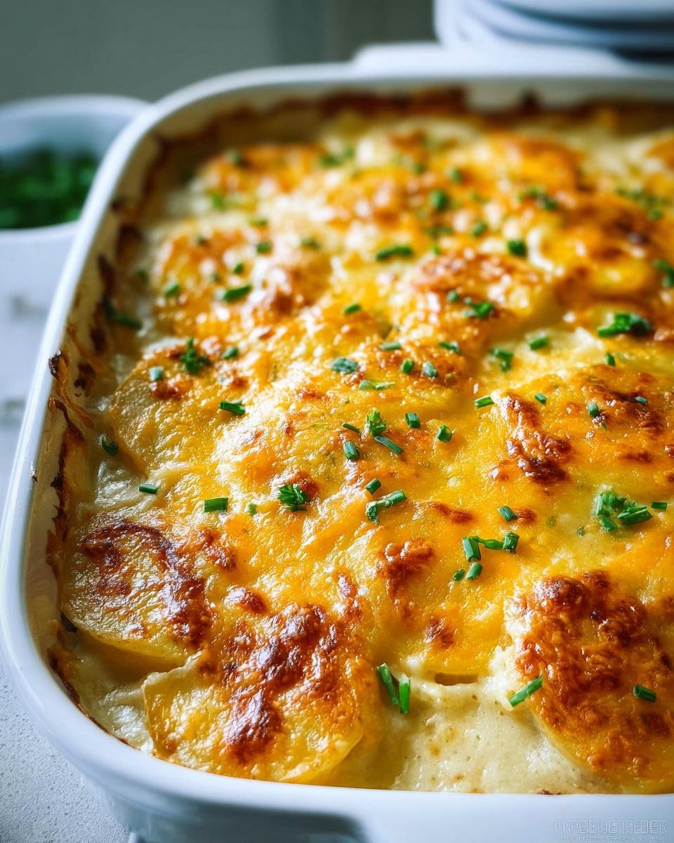 Close-up of a bubbly, cheesy French Onion Potato Bake topped with fresh chives in a white casserole dish.
