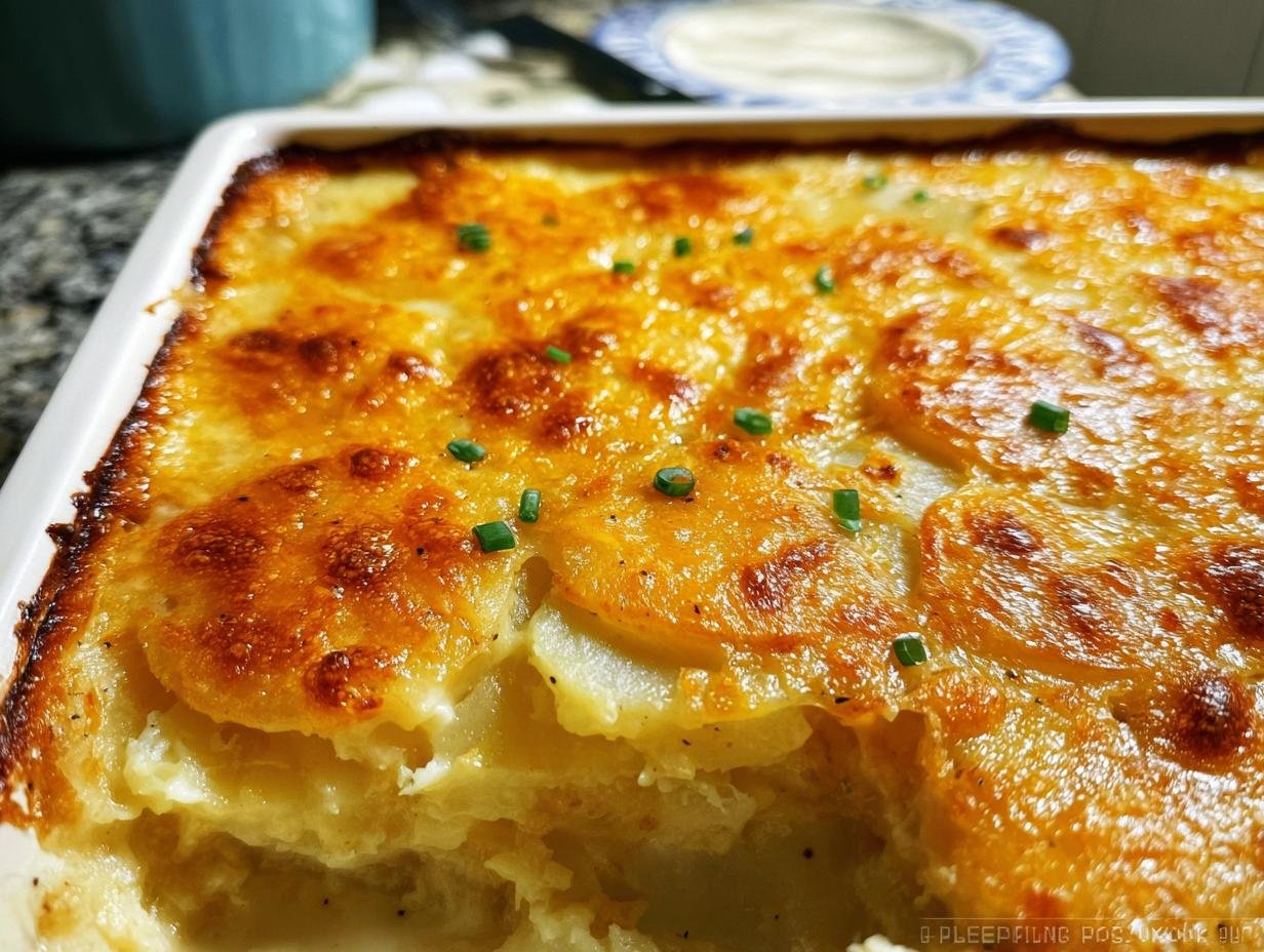 Close-up of a golden-brown, cheesy French Onion Potato Bake with a scoop removed, garnished with chives.