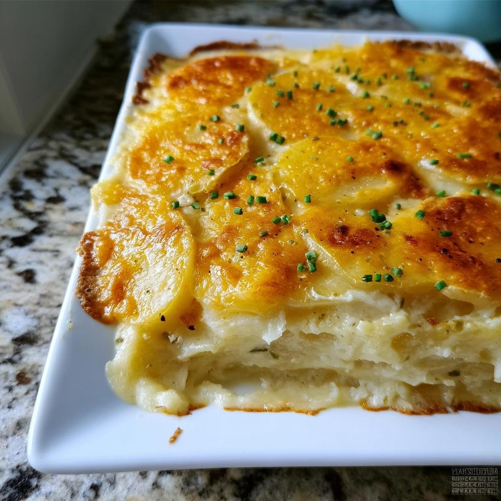Close-up of a golden-brown French Onion Potato Bake with melted cheese and chives.