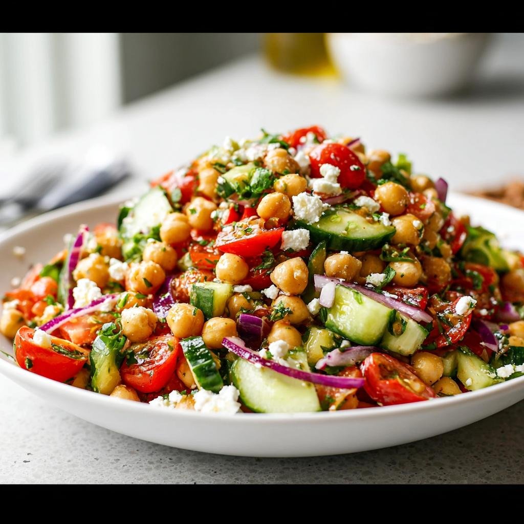 A vibrant bowl piled high with Fresh Mediterranean Chickpea Salad featuring chickpeas, tomatoes, cucumbers, red onion, and feta.