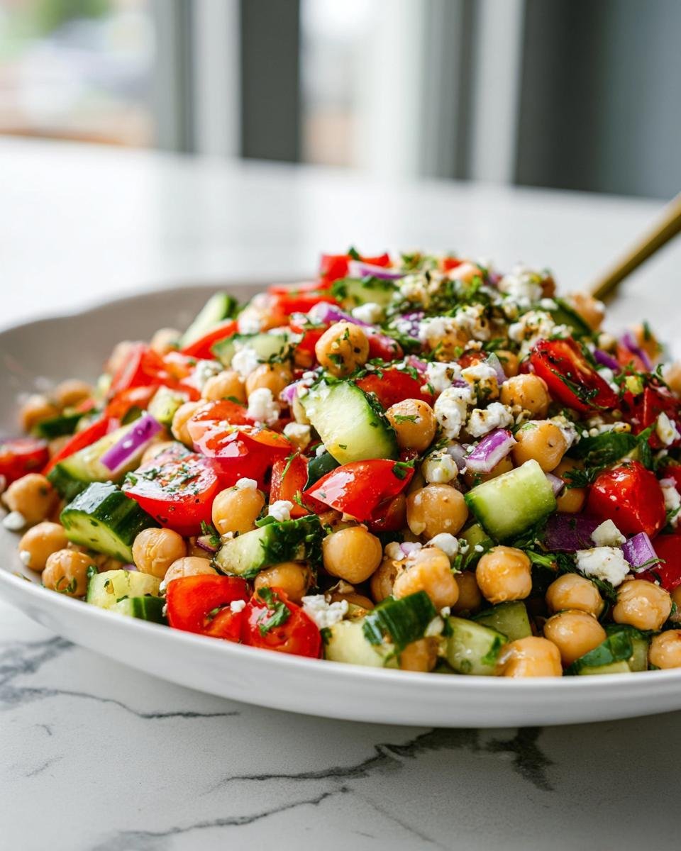 Close-up of a white bowl filled with Fresh Mediterranean Chickpea Salad featuring chickpeas, tomatoes, cucumbers, and feta.