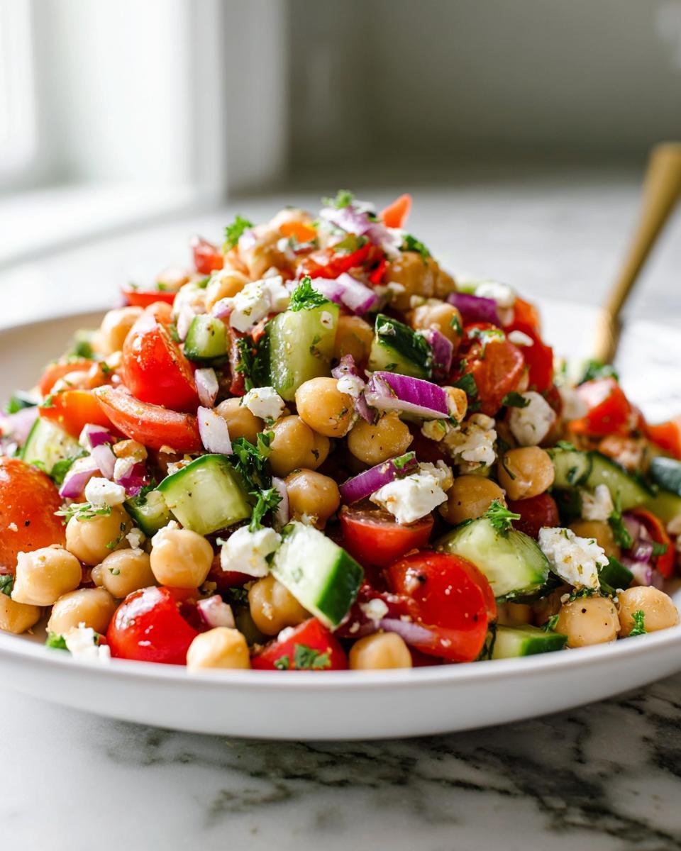 Close-up of a bowl piled high with Fresh Mediterranean Chickpea Salad featuring chickpeas, tomatoes, cucumber, and feta.