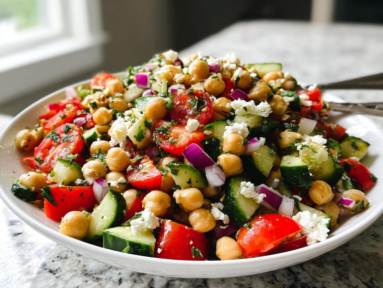Close-up of a vibrant Fresh Mediterranean Chickpea Salad with cucumbers, tomatoes, feta, and red onion.
