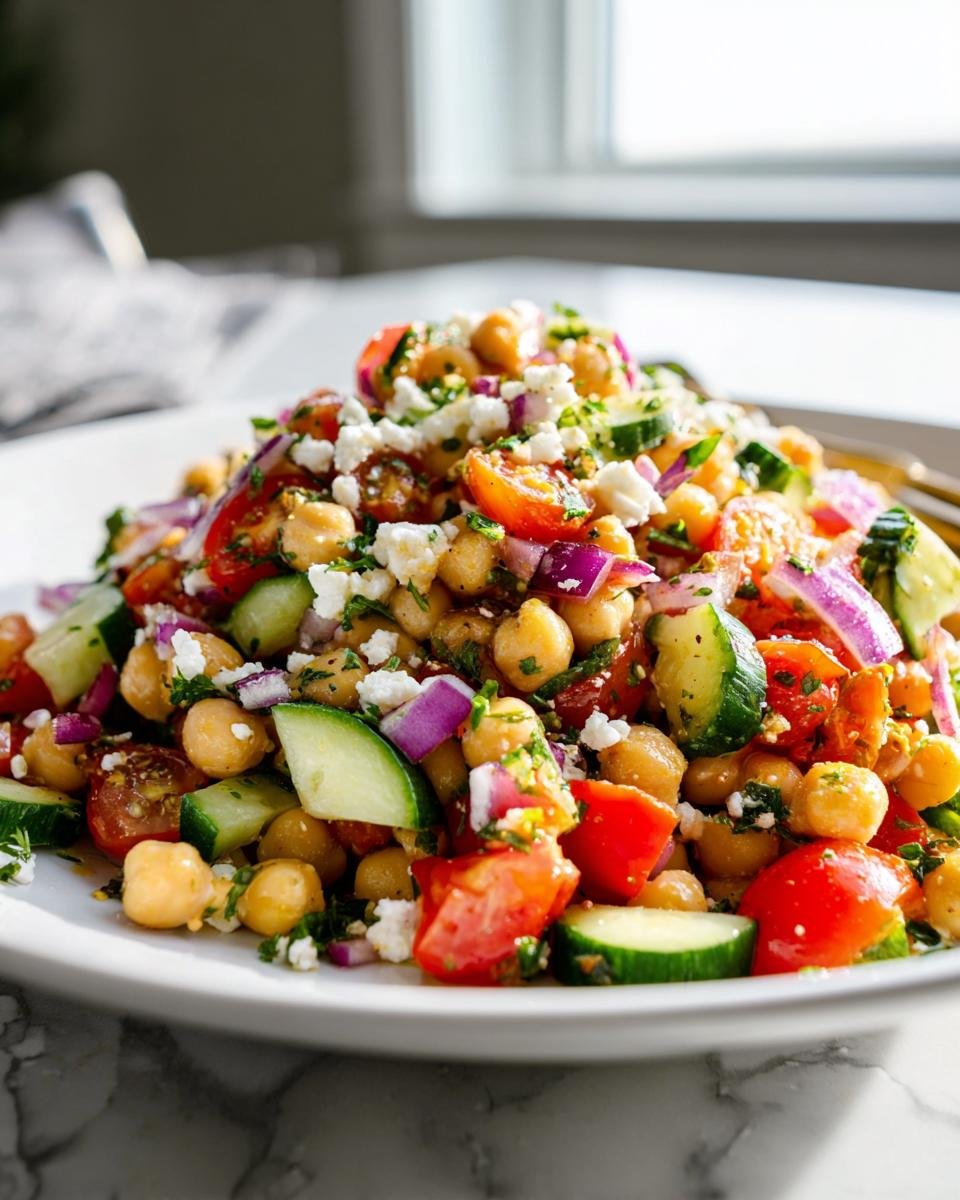 Close-up of Fresh Mediterranean Chickpea Salad with cucumbers, tomatoes, red onion, and feta.