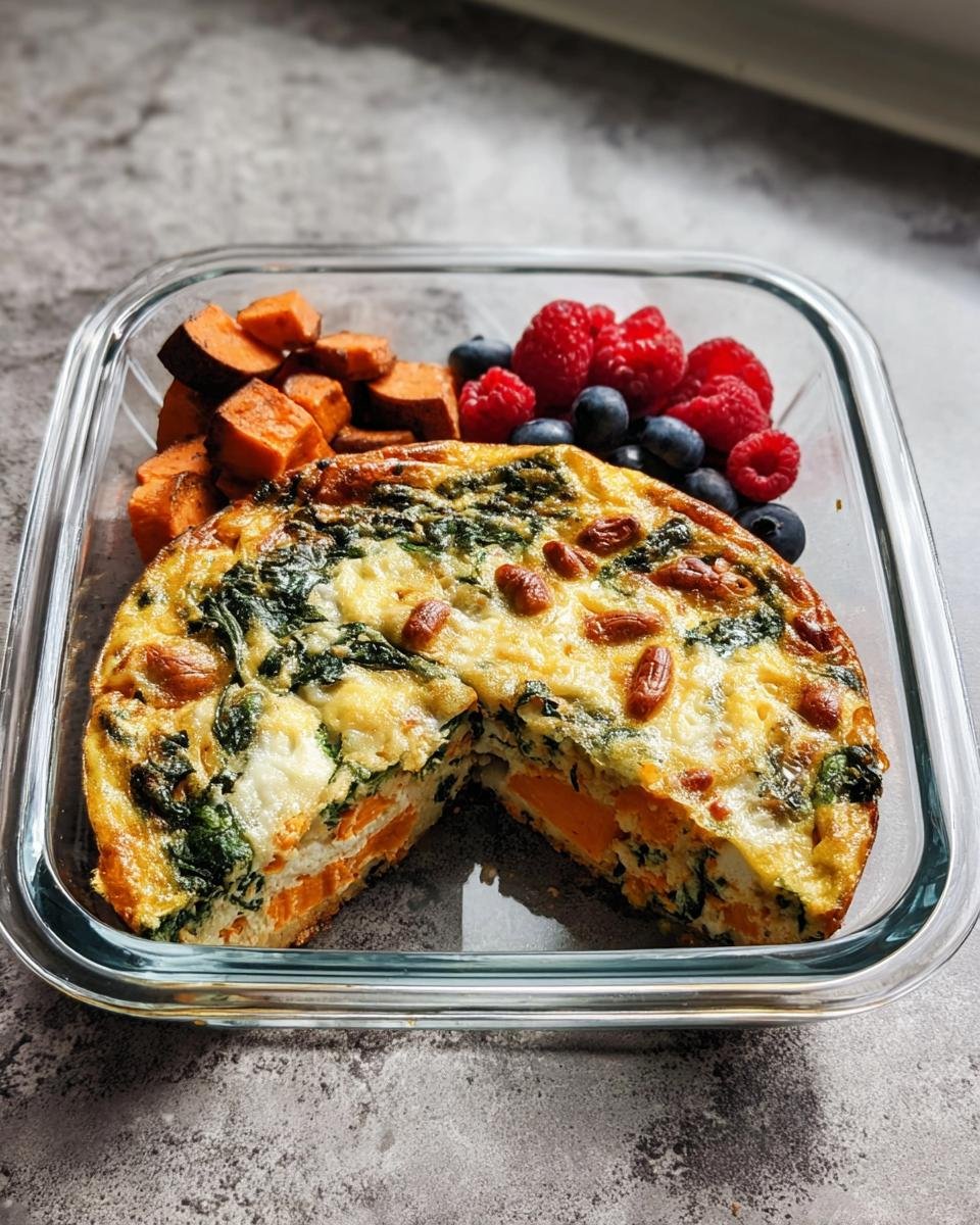 A portion of spinach and sweet potato frittata packed as part of balanced meals for a healthy lifestyle.