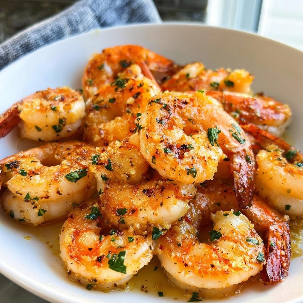A close-up of succulent shrimp coated in glistening garlic butter sauce and chopped parsley, ready for Garlic Butter Shrimp Meal Prep.