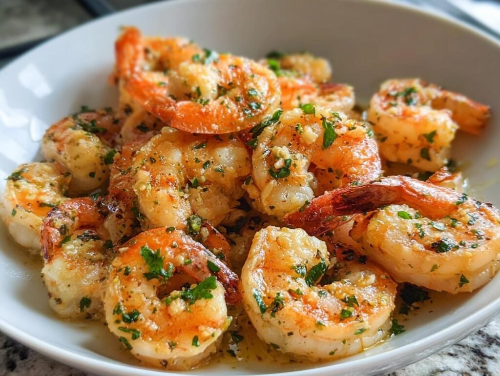 Close-up of succulent Garlic Butter Shrimp coated in minced garlic and fresh parsley, served in a white bowl.