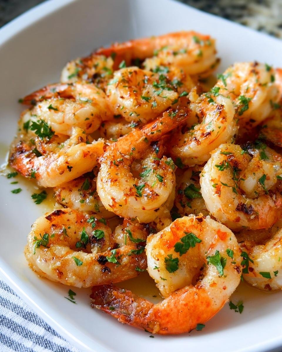 Close-up of cooked shrimp coated in garlic butter and parsley, perfect for Garlic Butter Shrimp Meal Prep.