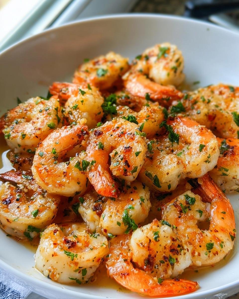 A close-up of plump, cooked shrimp coated in garlic butter sauce and sprinkled with fresh parsley, perfect for Garlic Butter Shrimp Meal Prep.
