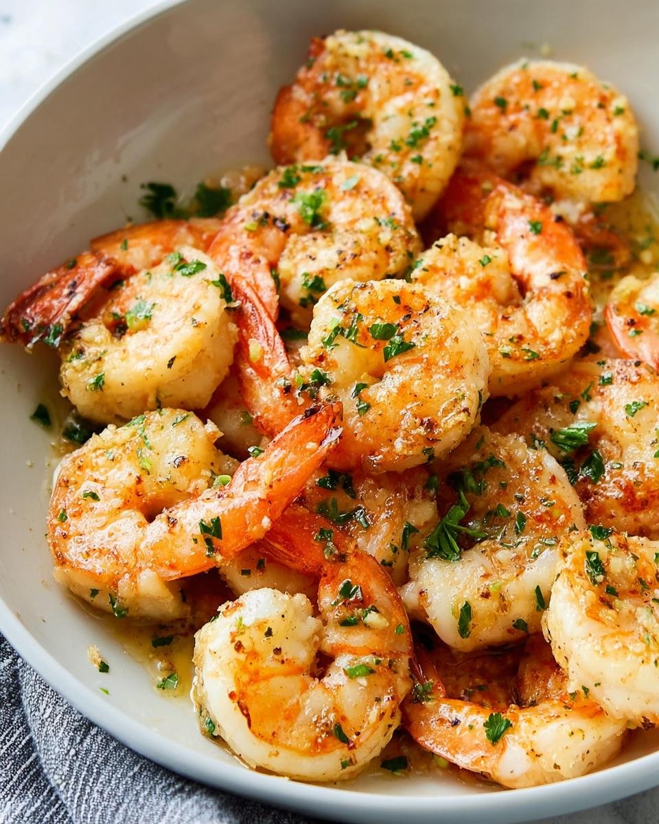 Close-up of juicy, cooked shrimp coated in garlic butter sauce and fresh parsley, perfect for Garlic Butter Shrimp Meal Prep.
