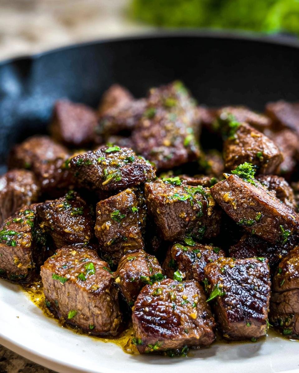 Close-up of juicy Garlic Butter Steak Bites coated in a rich sauce and garnished with fresh parsley.