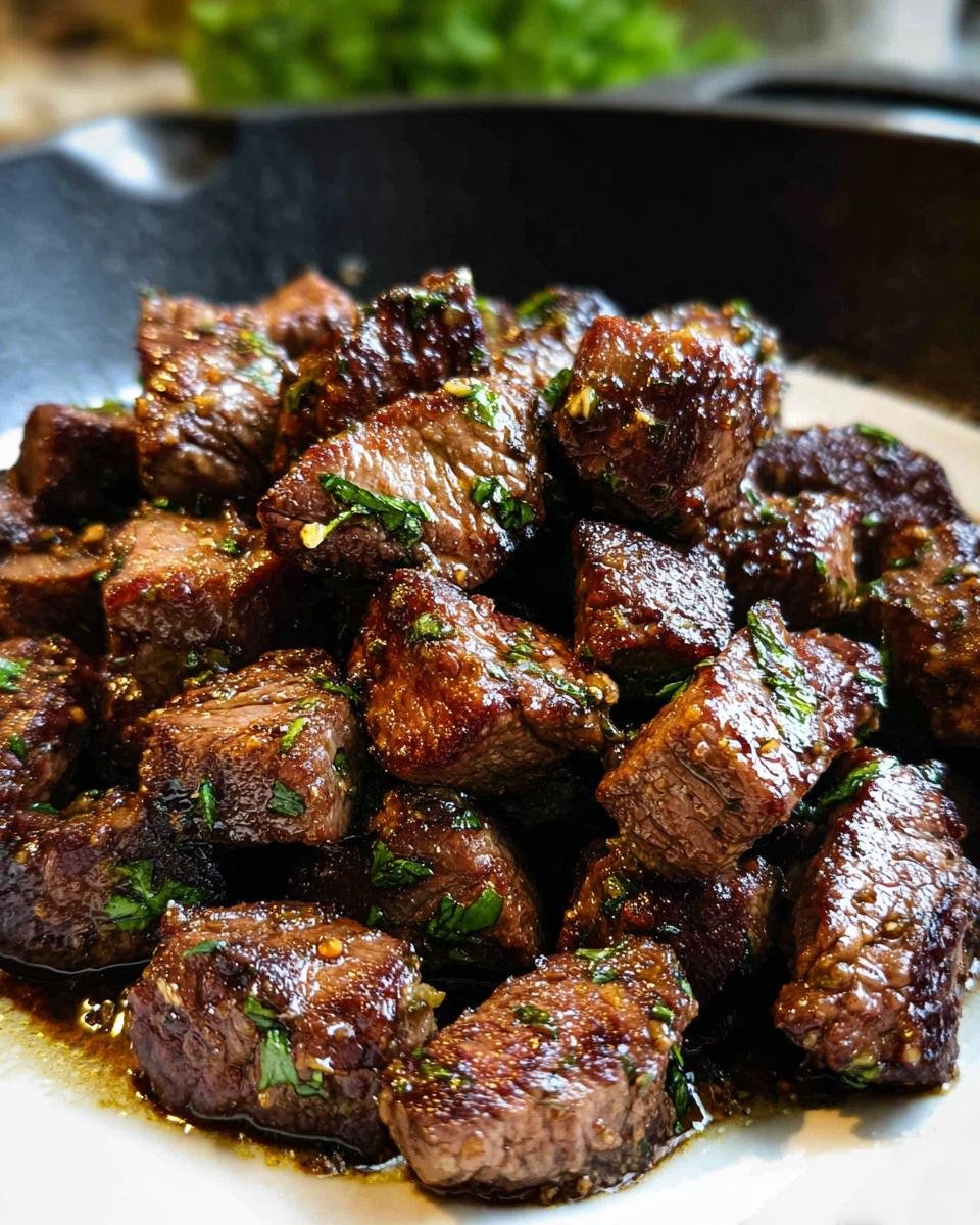 Close-up of juicy, seared Garlic Butter Steak Bites coated in a rich sauce and fresh parsley.