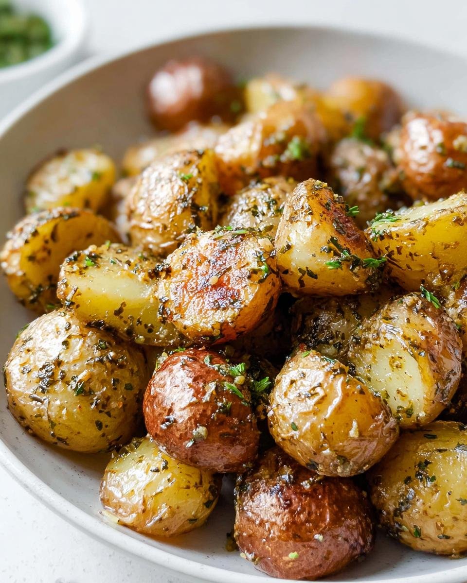 Close-up of crispy Garlic Herb Roasted Baby Potatoes coated in herbs and glistening with oil.