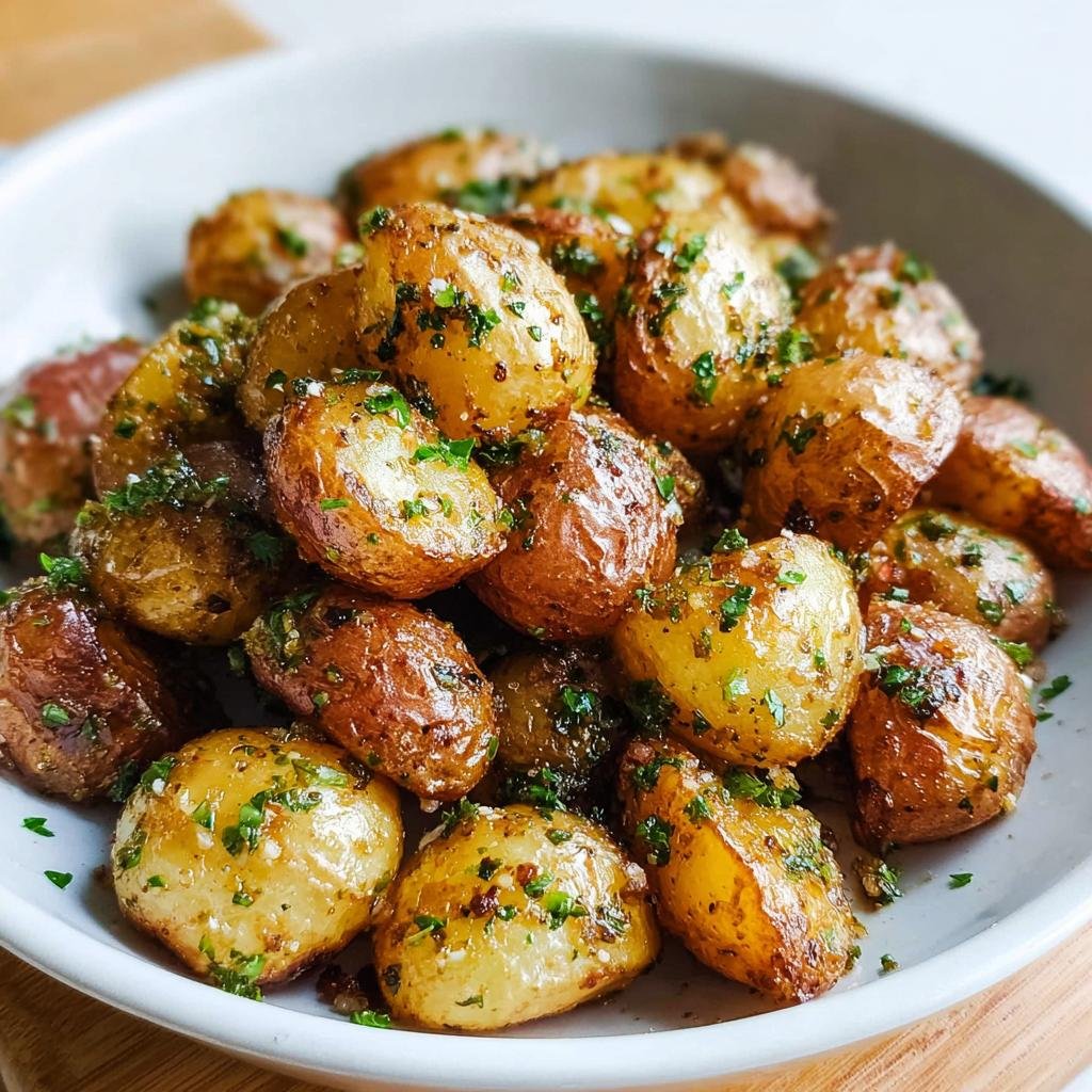 A close-up of crispy Garlic Herb Roasted Baby Potatoes tossed in herbs and seasoning, served in a white bowl.