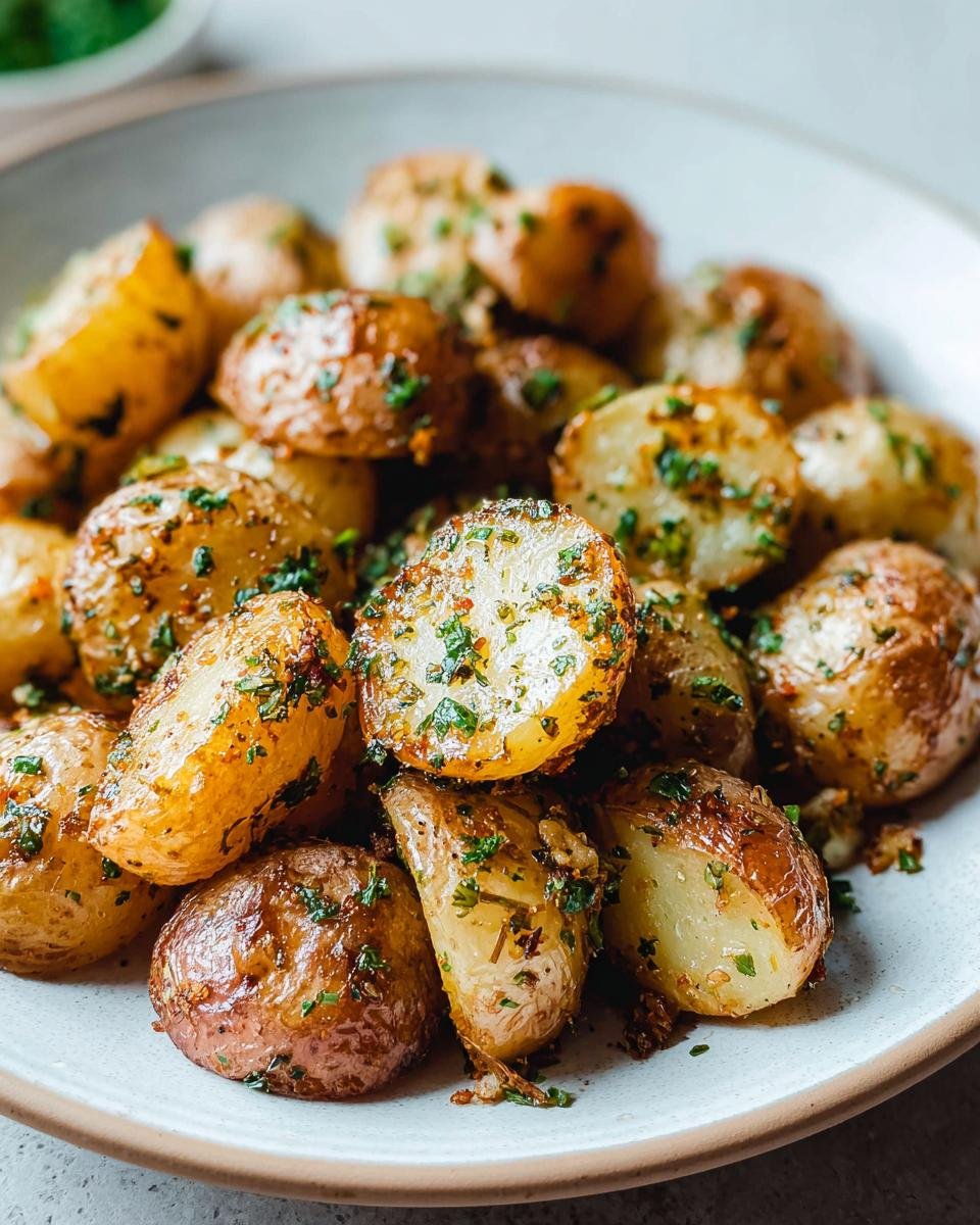 A close-up of crispy Garlic Herb Roasted Baby Potatoes seasoned with fresh parsley and spices.