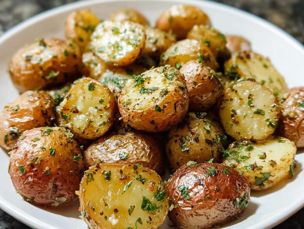 Close-up of crispy Garlic Herb Roasted Baby Potatoes tossed in herbs and seasoning on a white plate.