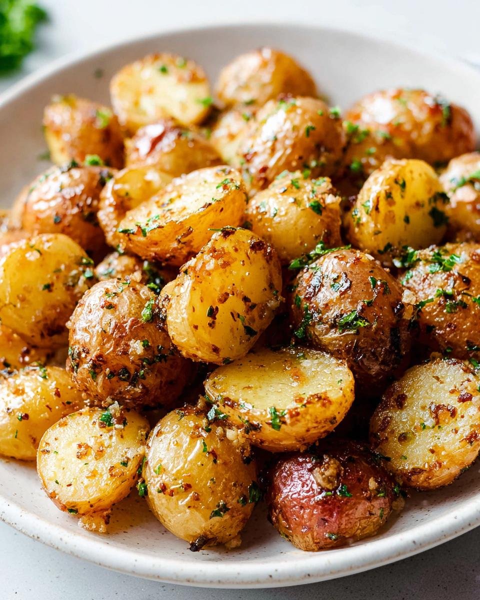 Close-up of crispy Garlic Herb Roasted Baby Potatoes tossed in garlic, herbs, and oil, served on a white plate.