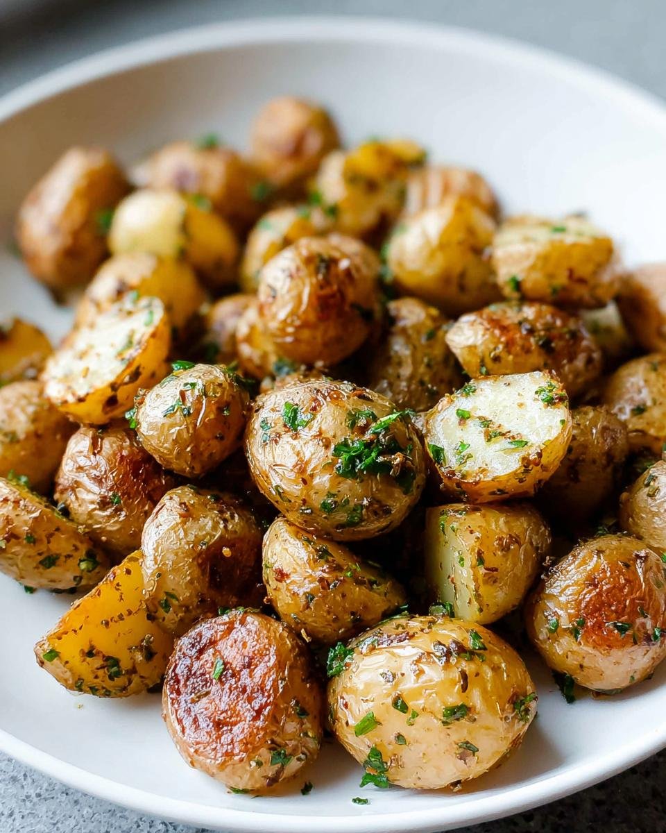 Close-up of crispy Garlic Herb Roasted Baby Potatoes tossed with herbs and seasoning on a white plate.