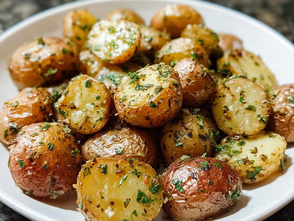 Close-up of crispy Garlic Herb Roasted Baby Potatoes tossed in herbs and seasoning on a white plate.
