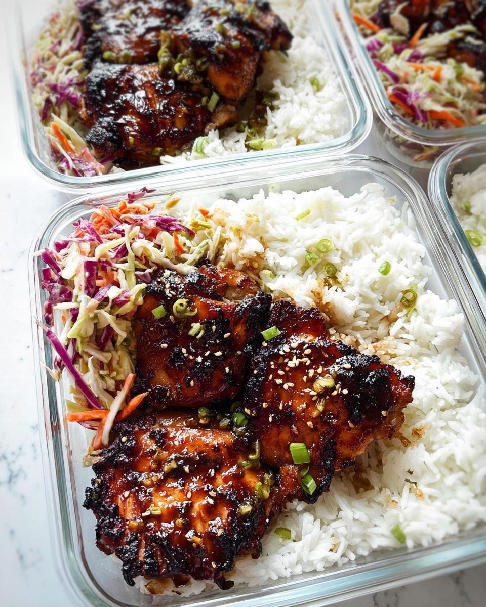 Close-up of glazed chicken thighs with white rice and purple slaw in a glass container for Easy Meal Prep Recipes for a Healthy Week.