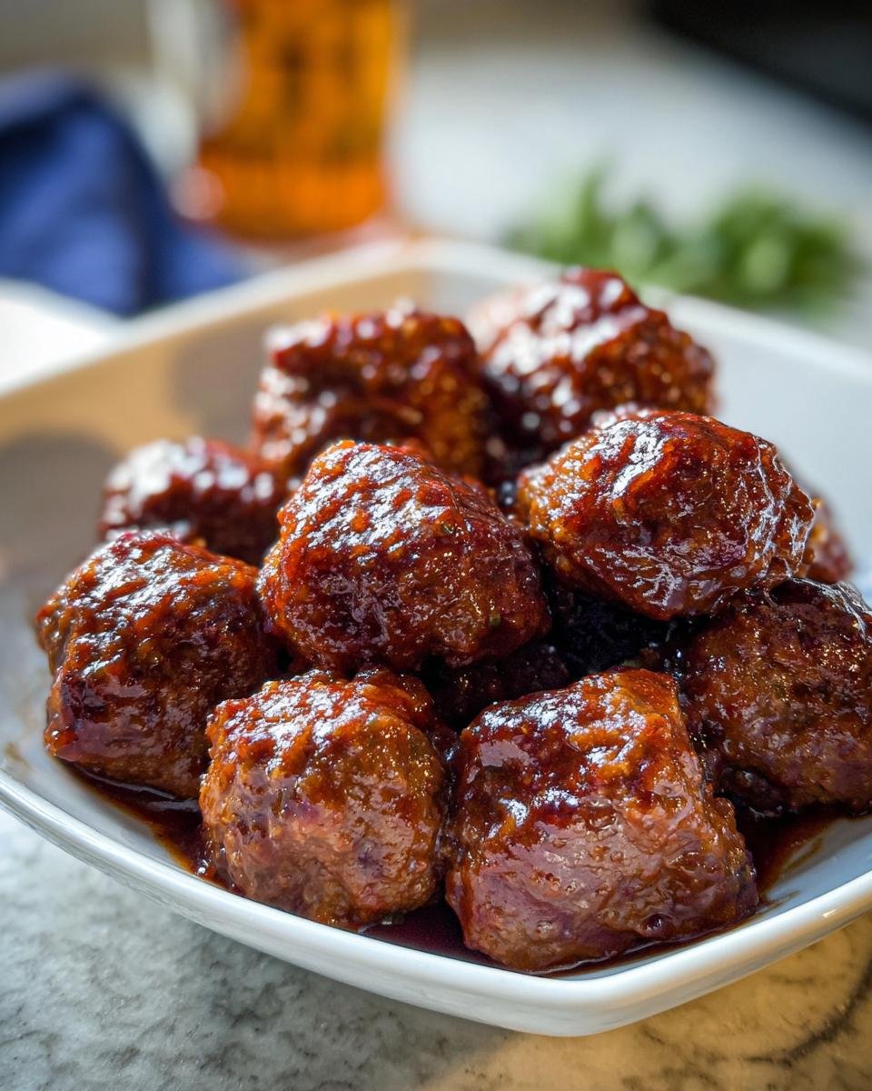 Close-up of saucy, glazed meatballs in a white bowl, perfect for Healthy Family Dinners That Kids Enjoy.
