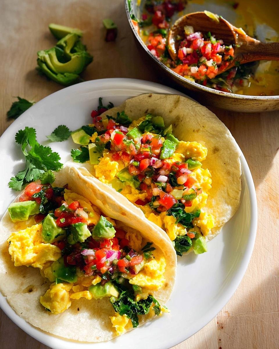 Two breakfast tacos filled with scrambled eggs, avocado, and fresh pico de gallo, perfect for grab-and-go mornings.