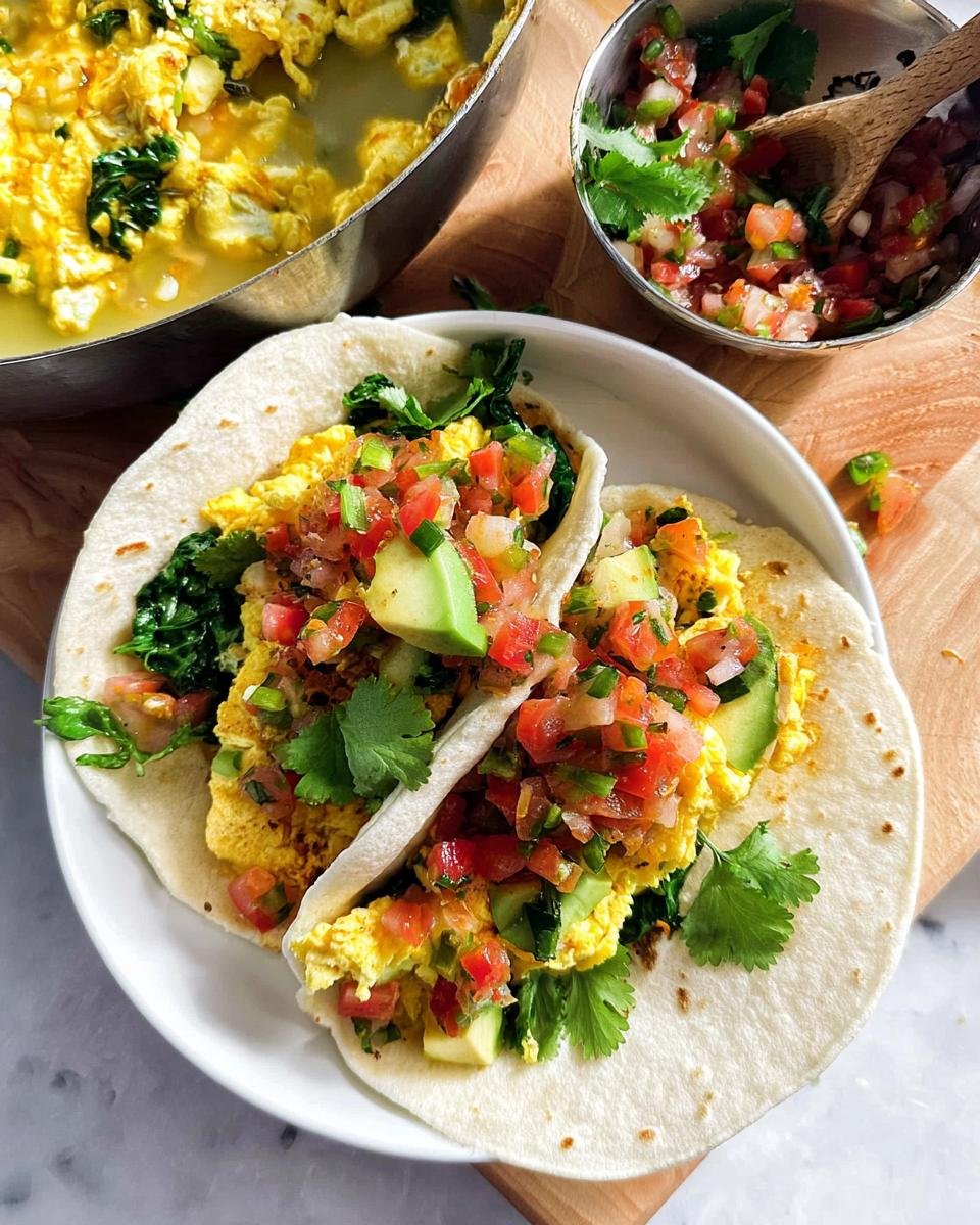 Two breakfast tacos filled with scrambled eggs, spinach, topped with fresh pico de gallo and avocado slices, perfect for grab-and-go breakfast ideas.