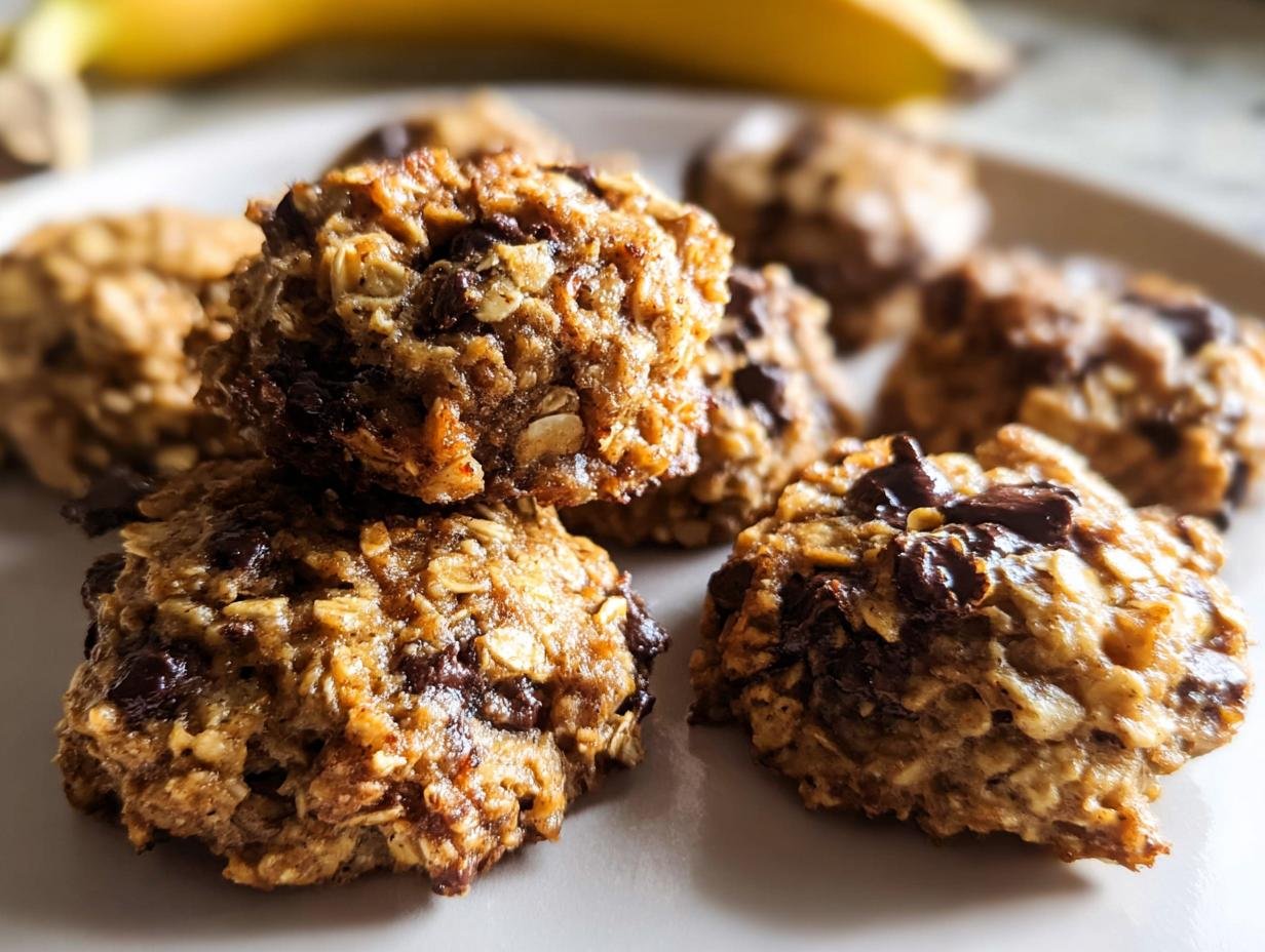 Close-up of several freshly baked Healthy Banana Oatmeal Cookies studded with chocolate chips on a white plate.