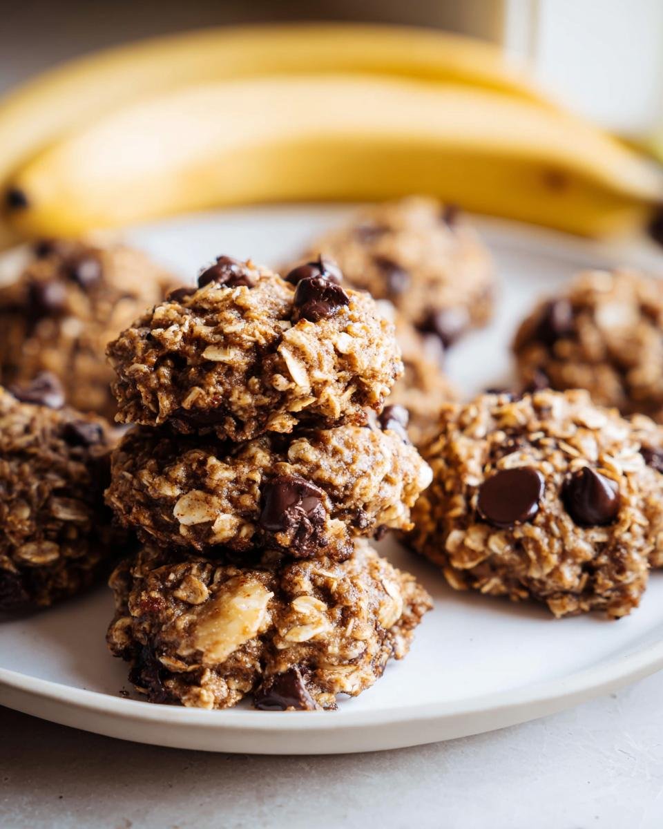 A stack of three moist Healthy Banana Oatmeal Cookies topped with chocolate chips, with more cookies on a plate behind them and bananas in the background.