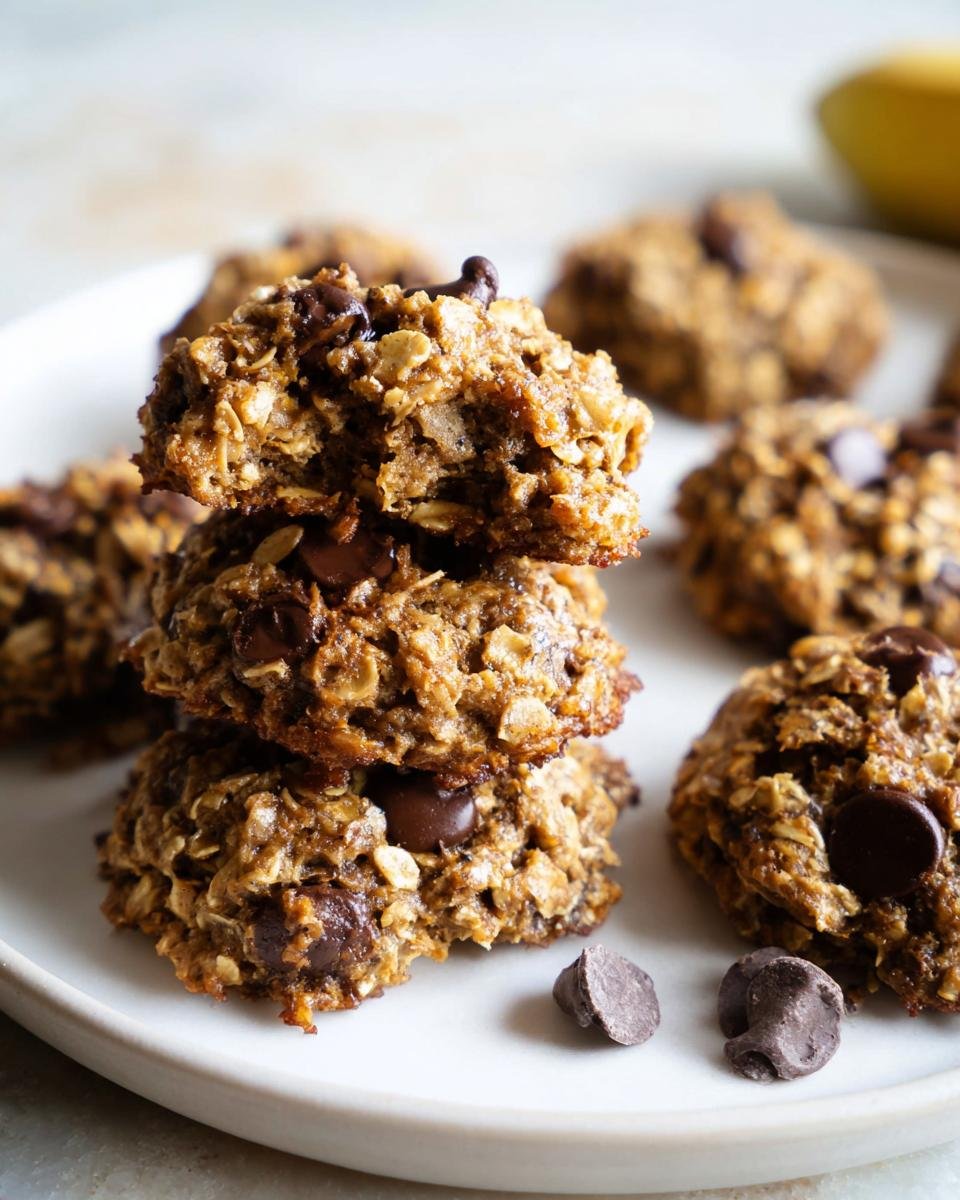 A stack of three soft, chewy Healthy Banana Oatmeal Cookies loaded with chocolate chips on a white plate.