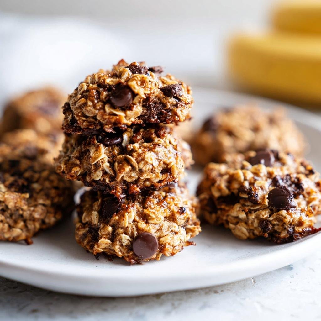 A stack of three Healthy Banana Oatmeal Cookies topped with melted chocolate chips on a white plate.