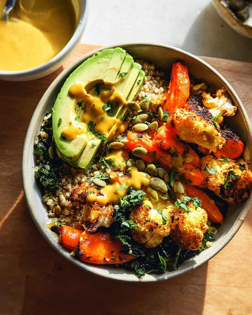 Overhead view of a vibrant Healthy Bowl with Protein, Veggies & Flavor featuring roasted cauliflower, carrots, avocado, and quinoa.