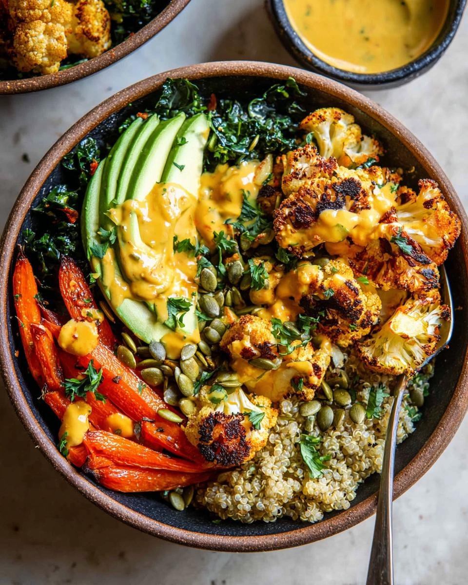 A vibrant bowl featuring quinoa, roasted carrots, avocado, roasted cauliflower, and a creamy dressing, perfect for Healthy Bowls with Protein, Veggies & Flavor.