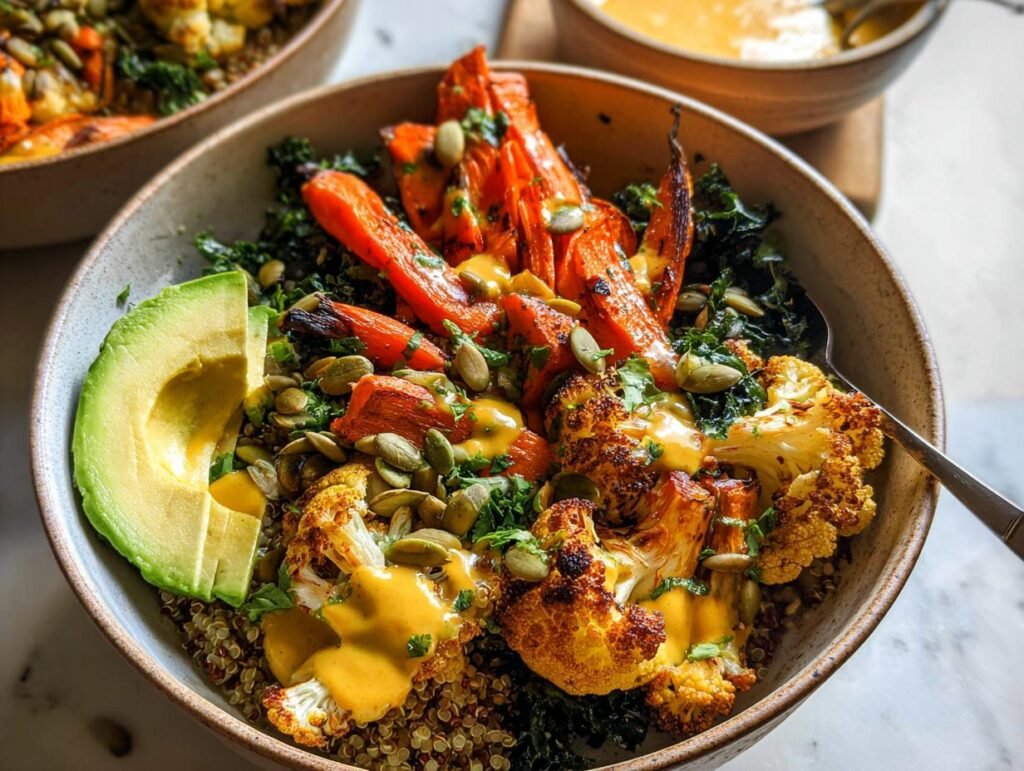 A vibrant bowl featuring roasted carrots, cauliflower, avocado, and pumpkin seeds over quinoa and kale, drizzled with a yellow sauce, showcasing Healthy Bowls with Protein, Veggies & Flavor.