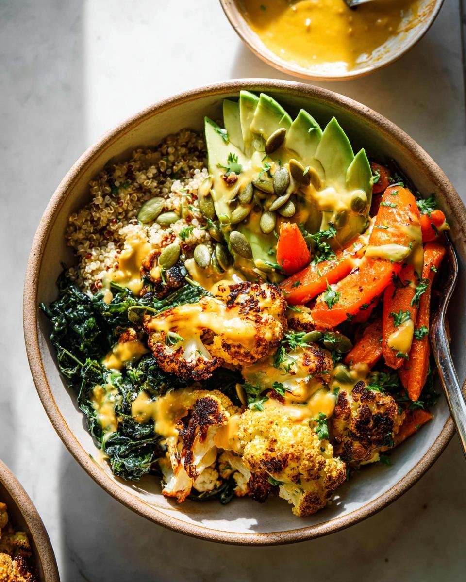 A vibrant bowl featuring roasted cauliflower, carrots, quinoa, avocado, and a creamy dressing—a perfect example of Healthy Bowls with Protein, Veggies & Flavor.