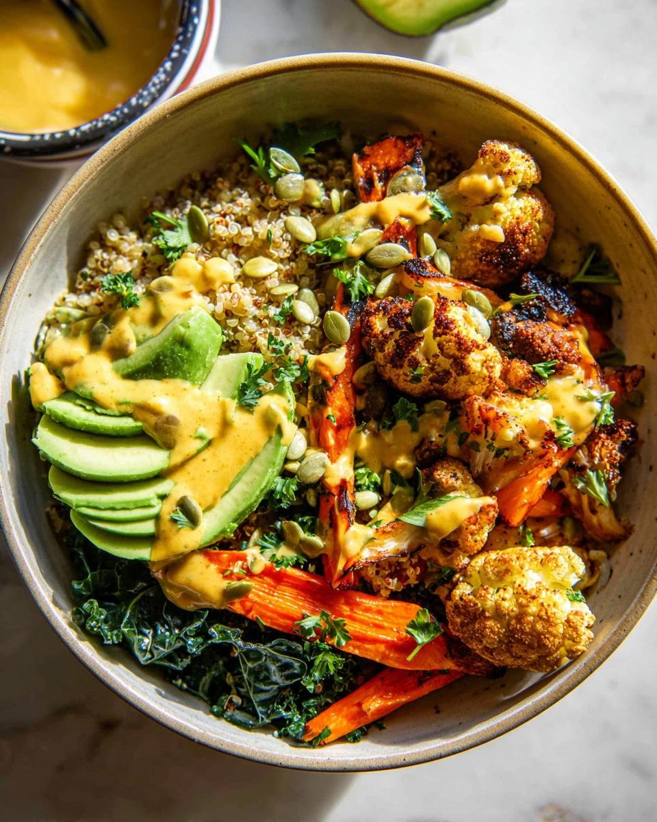 Top-down view of one of the Healthy Bowls with Protein, Veggies & Flavor, featuring roasted cauliflower, carrots, avocado, quinoa, and a creamy dressing.