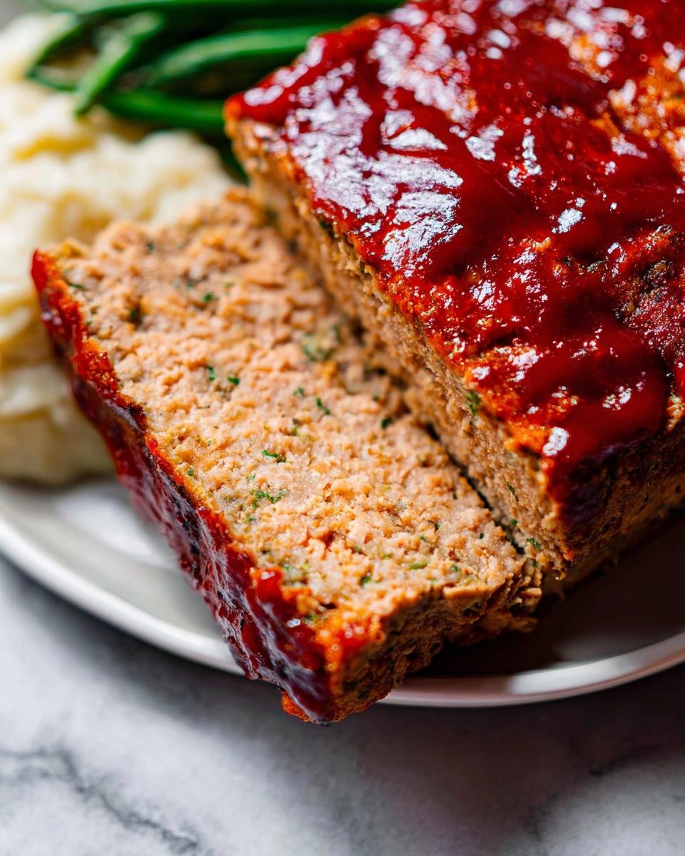 Close-up of a slice of Healthy Chicken Meatloaf covered in a shiny red glaze, served with mashed potatoes and green beans.